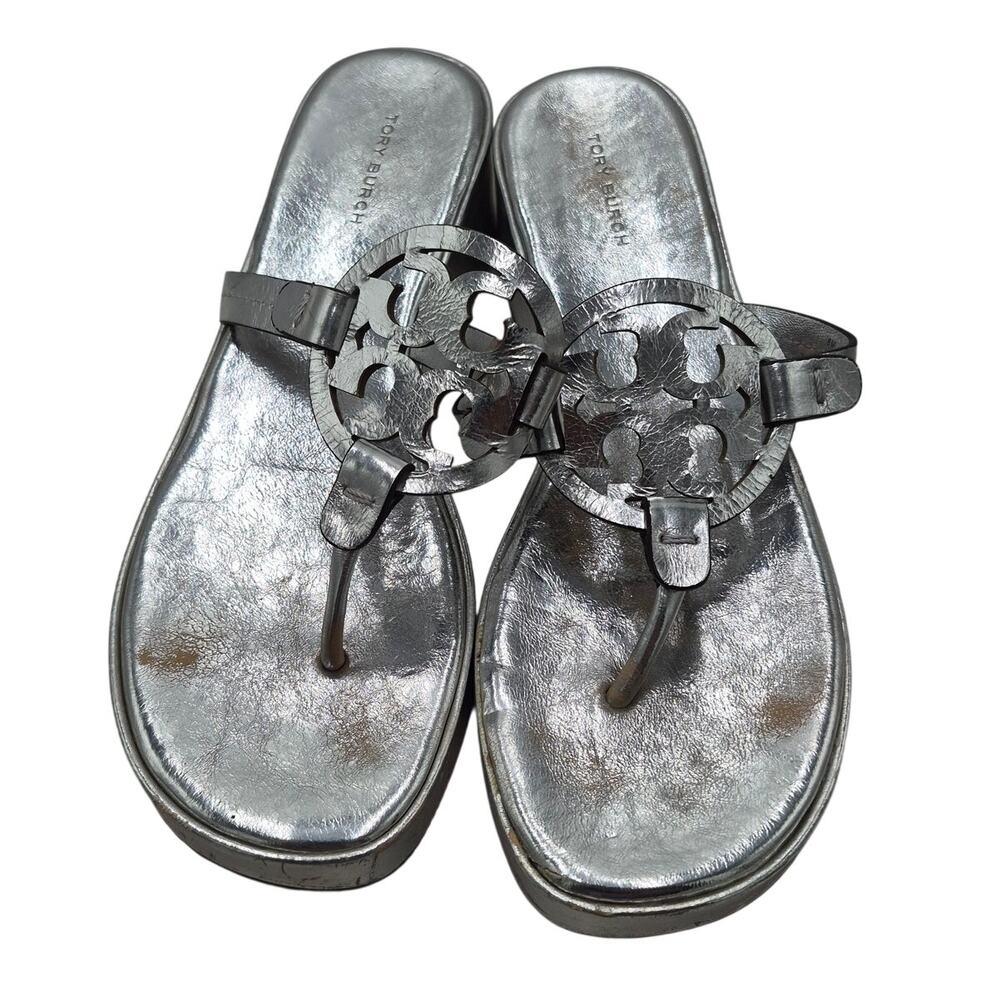 Tory Burch Miller Silver Metallic Leather Wedge Thong Sandals Women's size 8